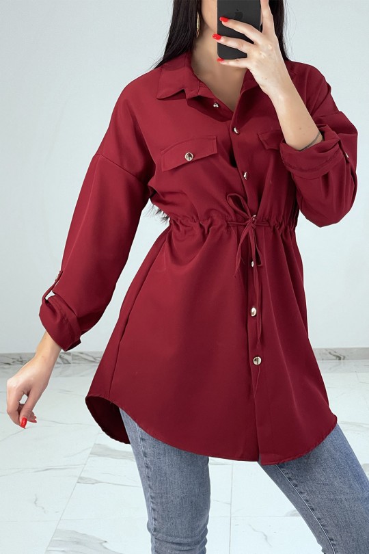 Solid burgundy shirt dress with safari-style pockets. - 3