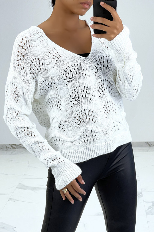 Pull blanc en maille côtelé avec motifs géométriques et manches oversize - 1 Pull blanc en maille côtelé avec motifs géométriques et manches oversize - 1