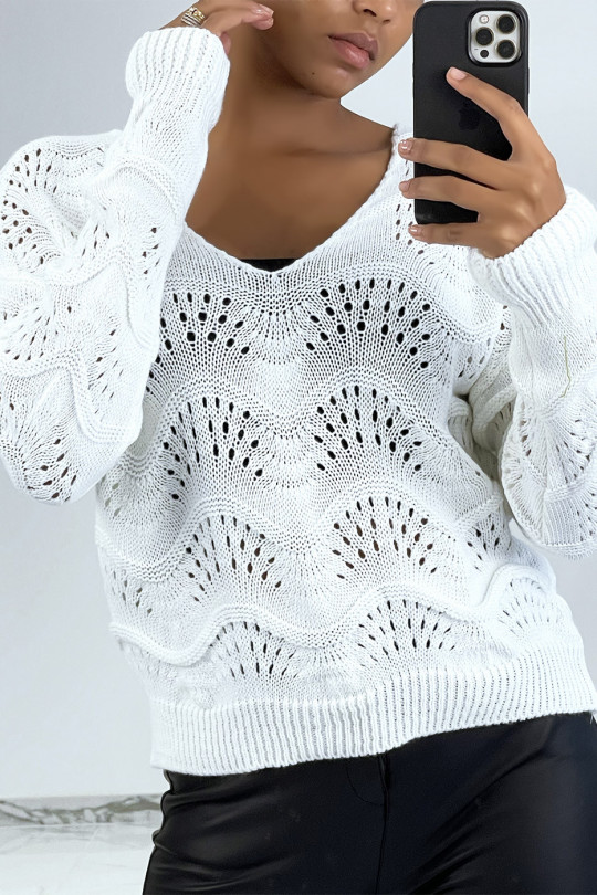 Pull blanc en maille côtelé avec motifs géométriques et manches oversize - 2 Pull blanc en maille côtelé avec motifs géométriques et manches oversize - 2