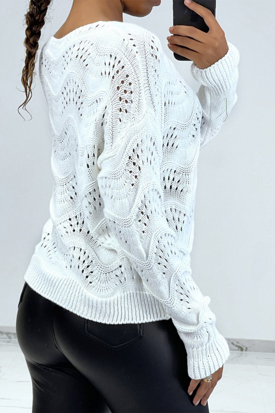 Pull blanc en maille côtelé avec motifs géométriques et manches oversize - 3 Pull blanc en maille côtelé avec motifs géométriques et manches oversize - 3