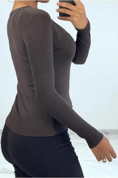 Gilet classique marron col V moulant et stretch - 3