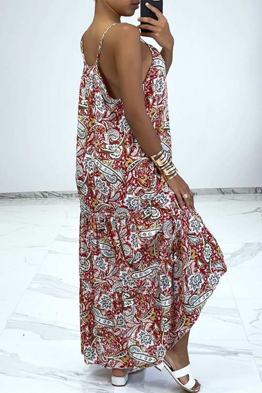 Long and fluid red dress with colorful prints and thin straps - 7