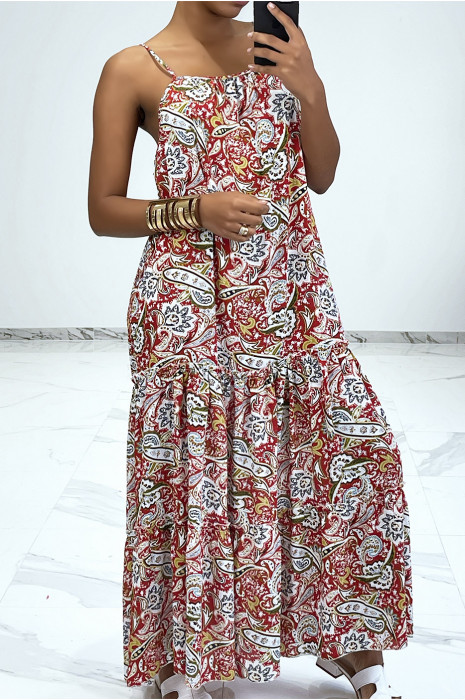 Long and fluid red dress with colorful prints and thin straps - 9