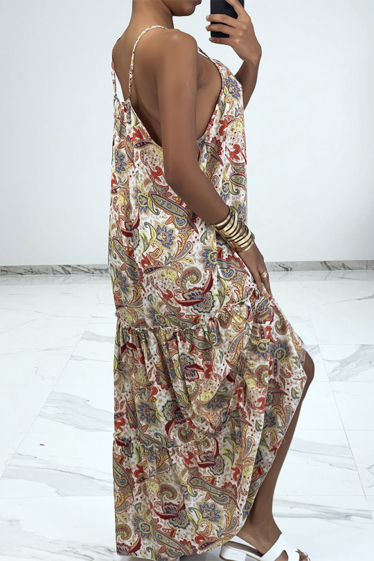 Long and fluid beige dress with colorful prints and thin straps - 7