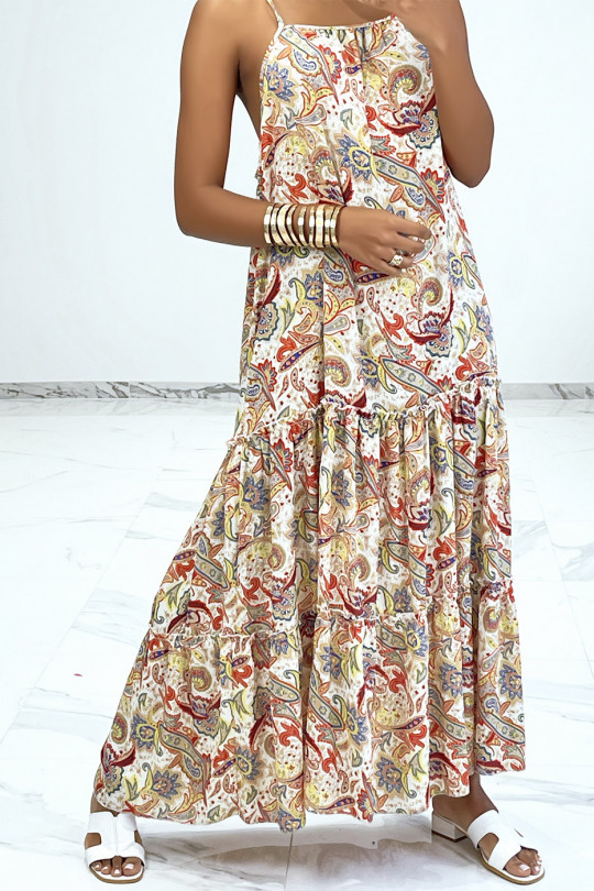 Long and fluid beige dress with colorful prints and thin straps - 9