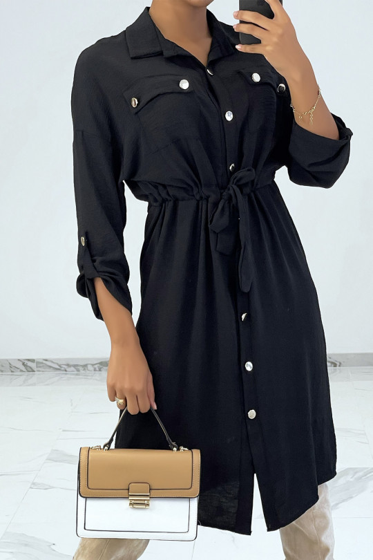 Robe chemise noir fluide mi-longue à poches style safari - 4