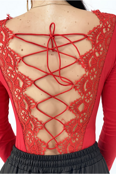 Body rouge manches longues et dos nu à lacet dans le dos - 3