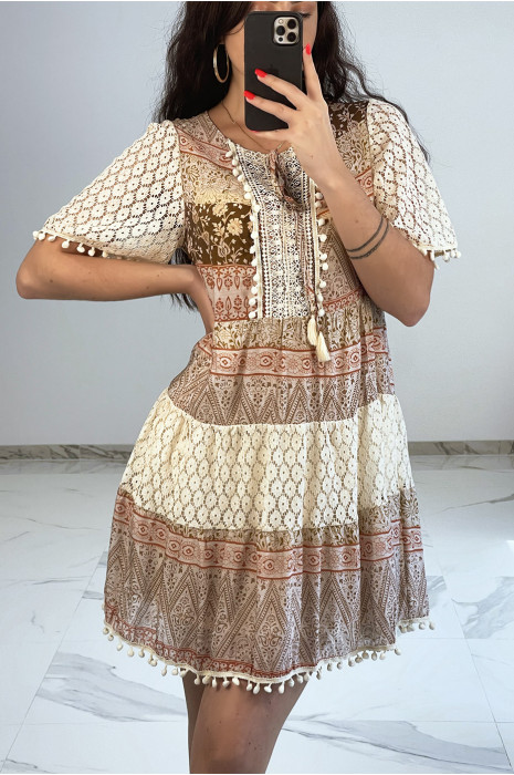 Beige crochet tunic with bohemian print - 2