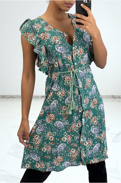 Robe fluide vert volantée à boutons et imprimé floral - 5