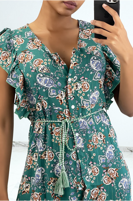 Robe fluide vert volantée à boutons et imprimé floral - 6