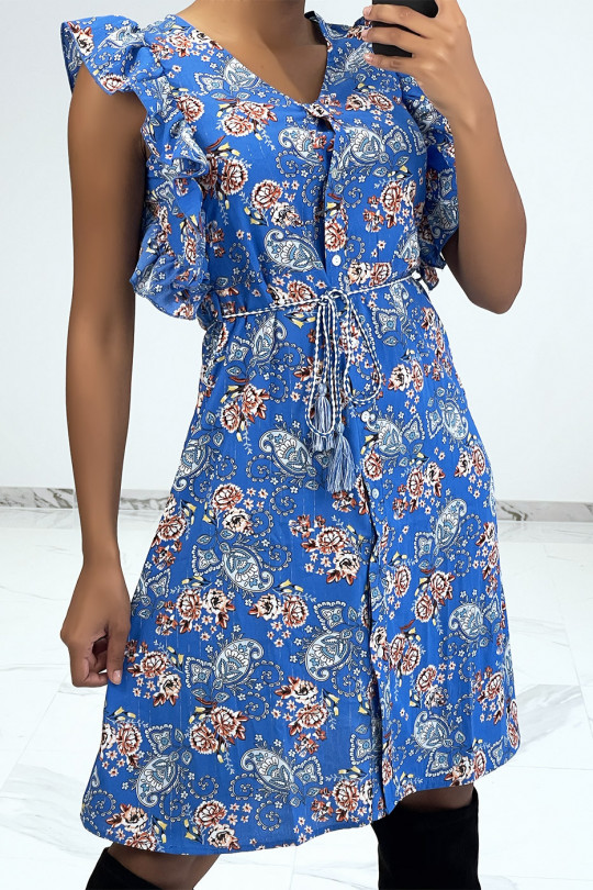 Blauwe soepelvallende jurk met knopen en bloemenprint - 6
