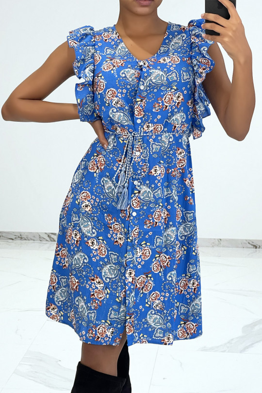 Blauwe soepelvallende jurk met knopen en bloemenprint - 7