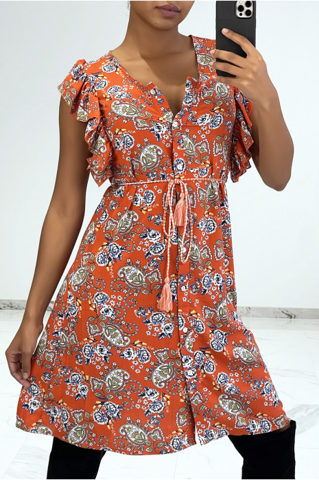 Robe fluide orange volantée à boutons et imprimé floral - 7