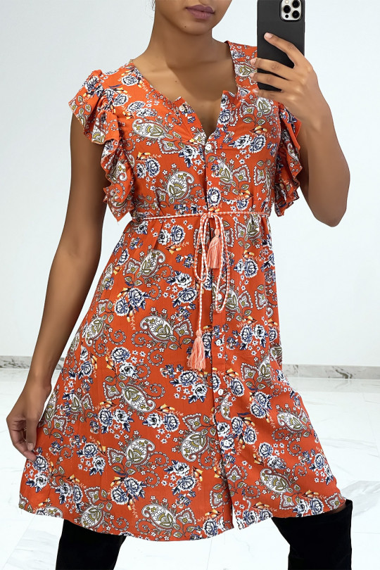 Oranje vloeiende jurk met knopen en bloemenprint - 7
