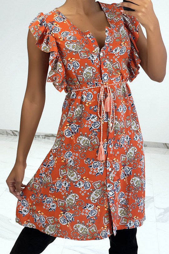 Oranje vloeiende jurk met knopen en bloemenprint - 8