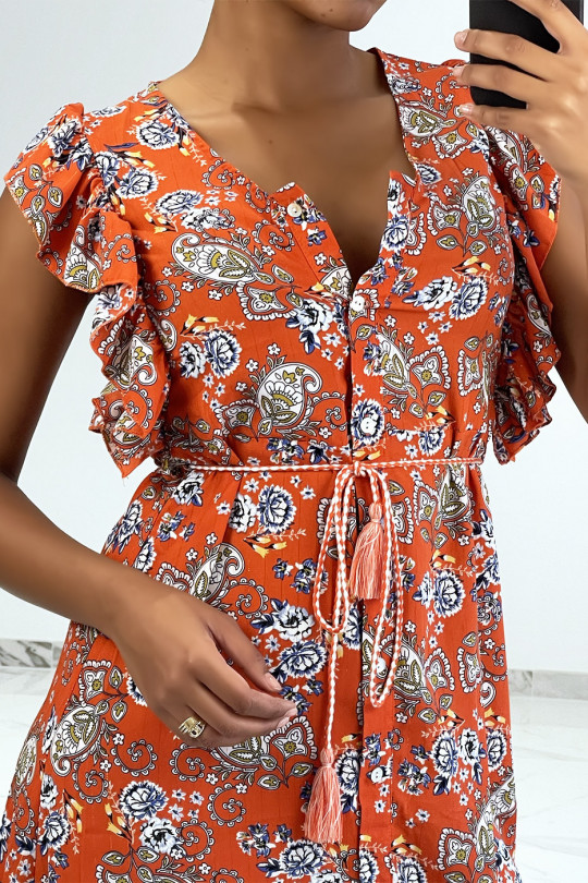 Oranje vloeiende jurk met knopen en bloemenprint - 9