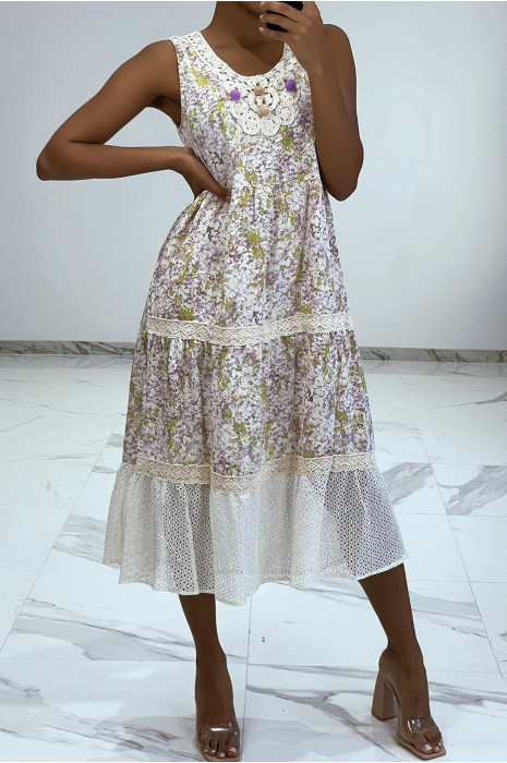 Long fluid dress with purple floral print and openwork embroidery details - 2