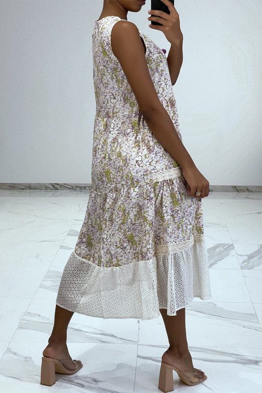Long fluid dress with purple floral print and openwork embroidery details - 4