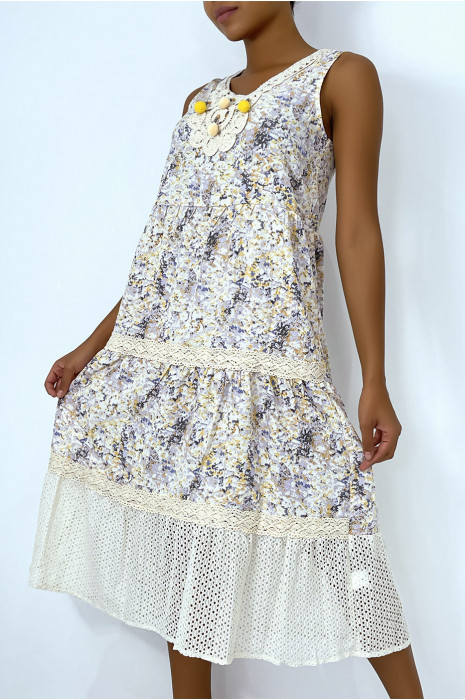 Long fluid dress with purple floral print and openwork embroidery details - 6