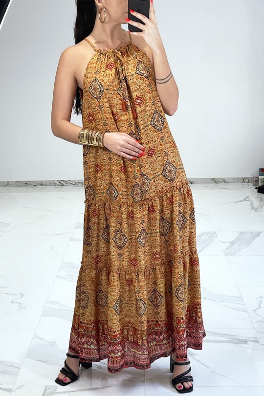 Long summer dress in mustard print bohemian style with V neckline and thin straps - 1
