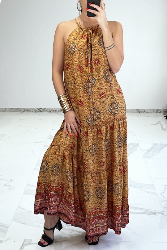 Long summer dress in mustard print bohemian style with V neckline and thin straps - 6