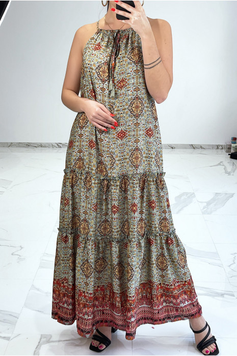 Long summer dress with green print, bohemian style, V neckline and thin straps - 1