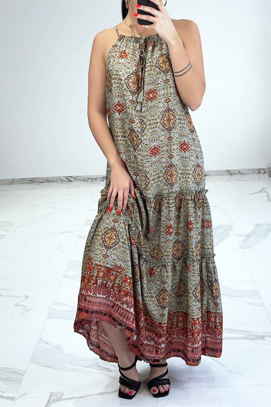 Long summer dress with green print, bohemian style, V neckline and thin straps - 2