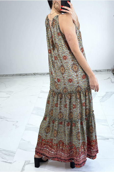 Long summer dress with green print, bohemian style, V neckline and thin straps - 3
