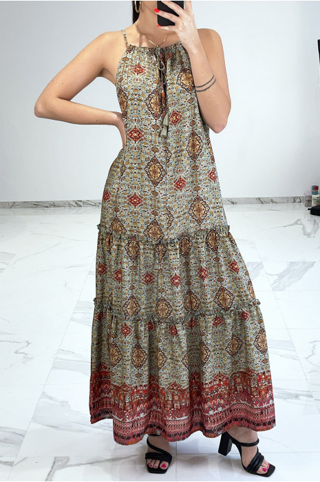 Lange zomerrol met groene print, bohemien stijl, V-hals en dunne bandjes - 4