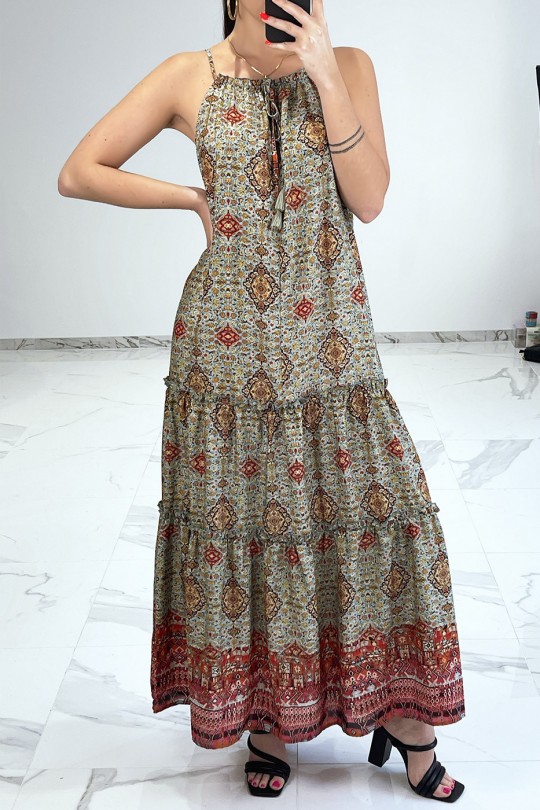 Long summer dress with green print, bohemian style, V neckline and thin straps - 4