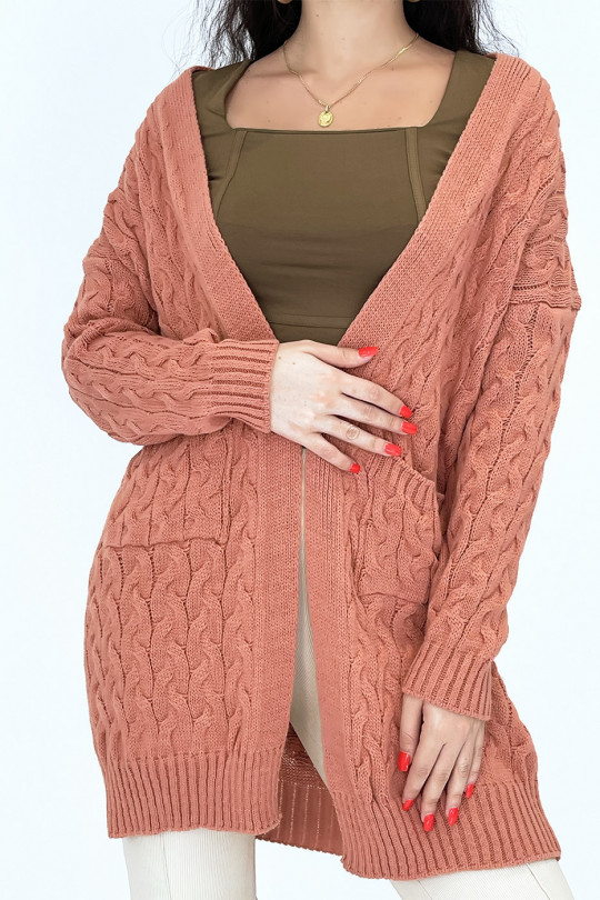 Long 3/4 length cardigan in braided coral acrylic with pockets - 2