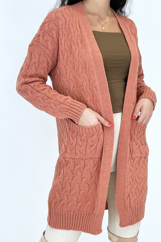 Long 3/4 length cardigan in braided coral acrylic with pockets - 3