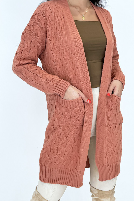 Long 3/4 length cardigan in braided coral acrylic with pockets - 4