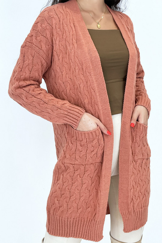 Long 3/4 length cardigan in braided coral acrylic with pockets - 5