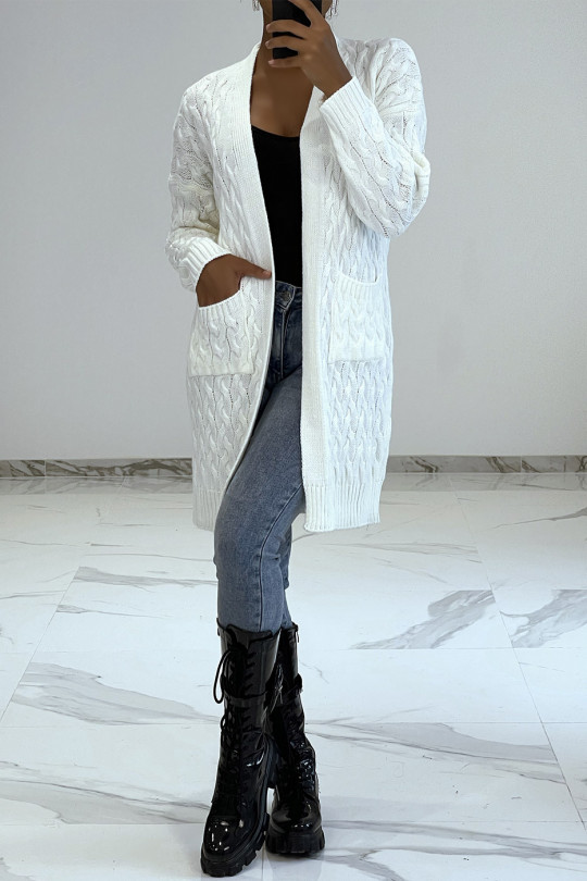 Long 3/4 length cardigan in braided white acrylic with pockets - 1
