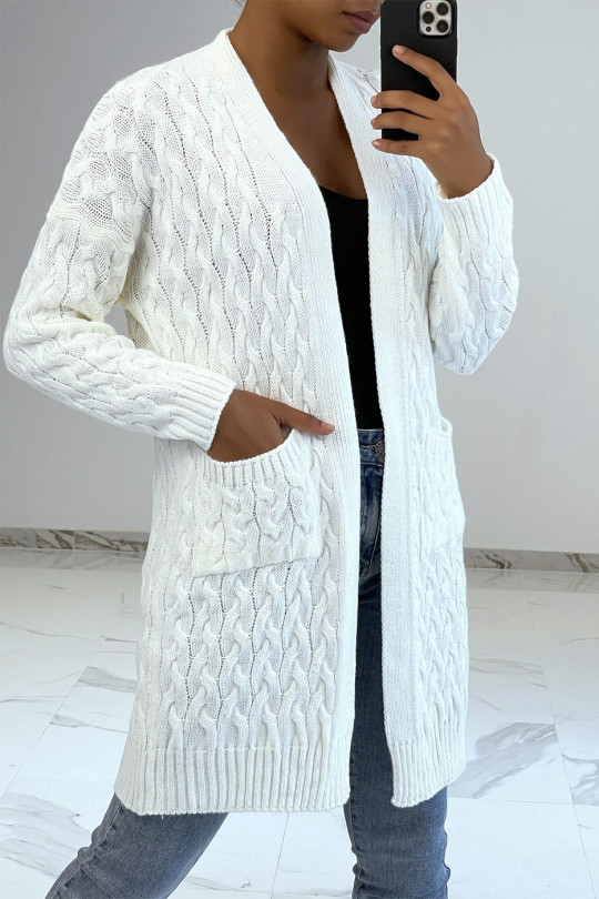 Long 3/4 length cardigan in braided white acrylic with pockets - 4