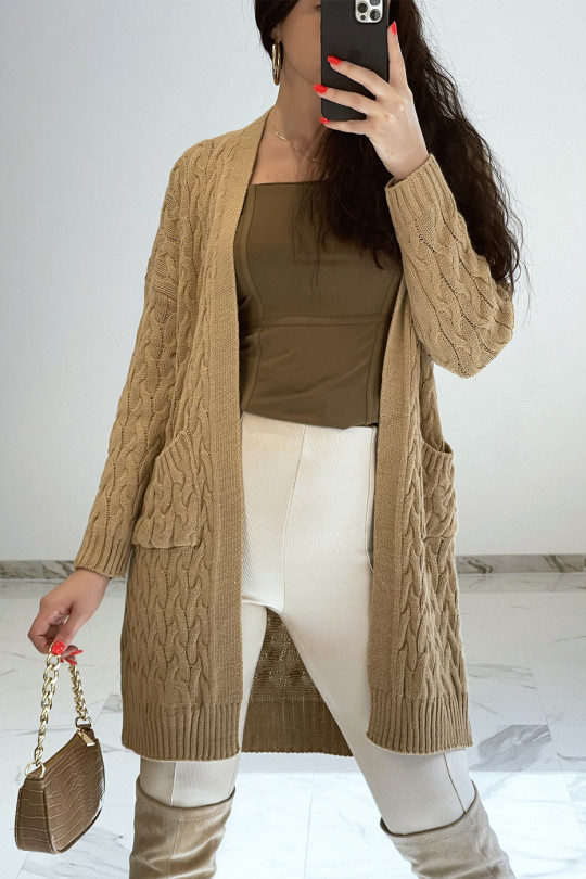 Long 3/4 length cardigan in woven camel acrylic with pockets - 2