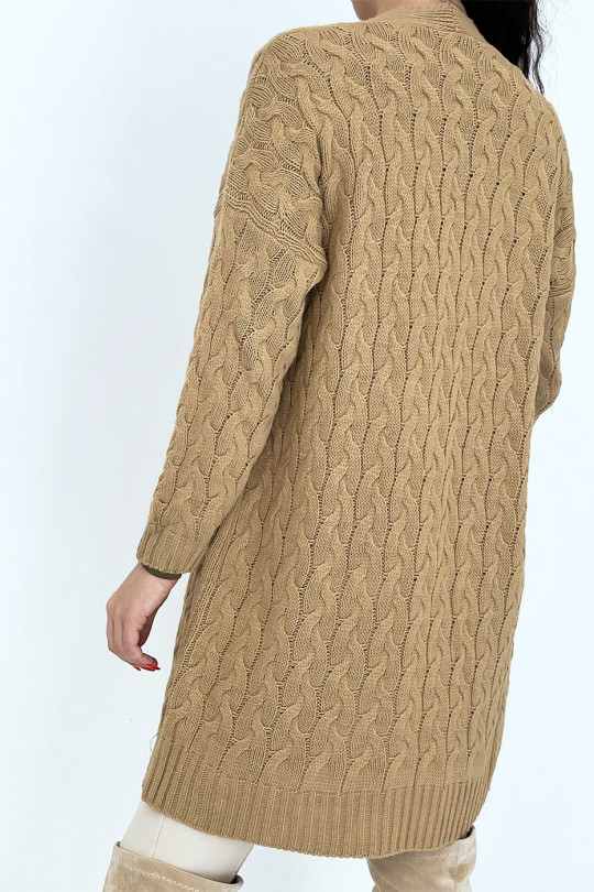 Long 3/4 length cardigan in woven camel acrylic with pockets - 3