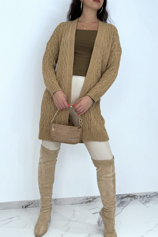 Long 3/4 length cardigan in woven camel acrylic with pockets - 4