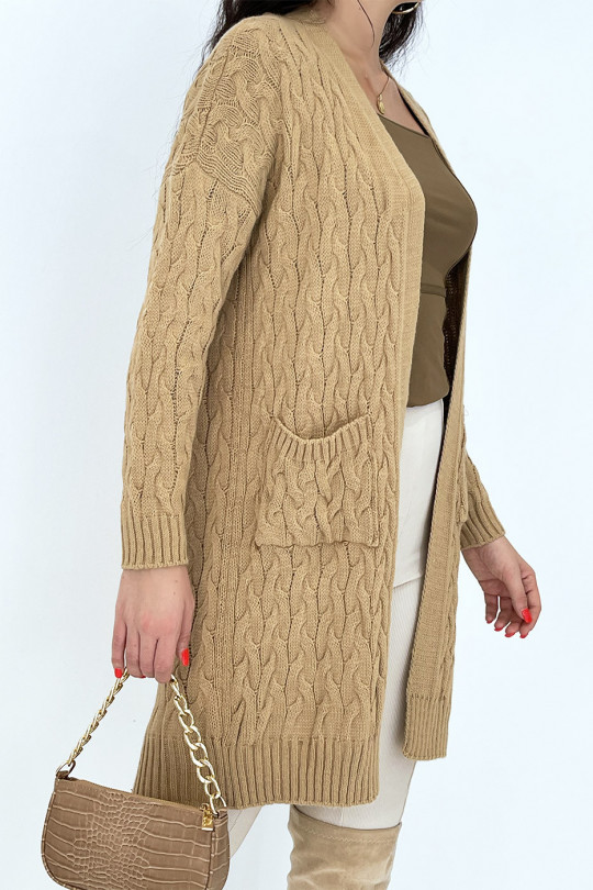 Long 3/4 length cardigan in woven camel acrylic with pockets - 6