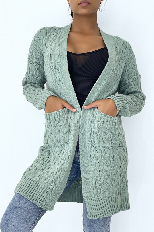 Long 3/4 length cardigan in woven water green acrylic with pockets - 1