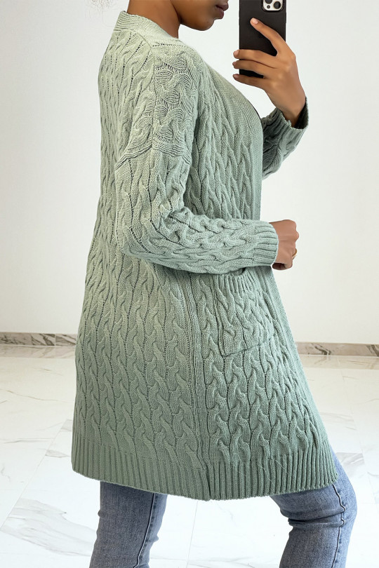 Long 3/4 length cardigan in woven water green acrylic with pockets - 2