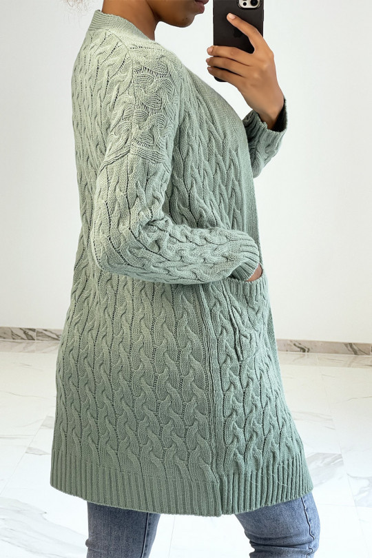 Long 3/4 length cardigan in woven water green acrylic with pockets - 3