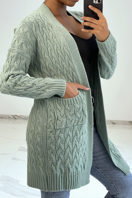 Long 3/4 length cardigan in woven water green acrylic with pockets - 4