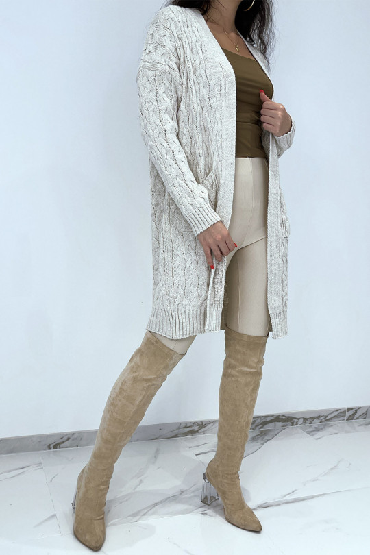 Long 3/4 length cardigan in braided beige acrylic with pockets - 2
