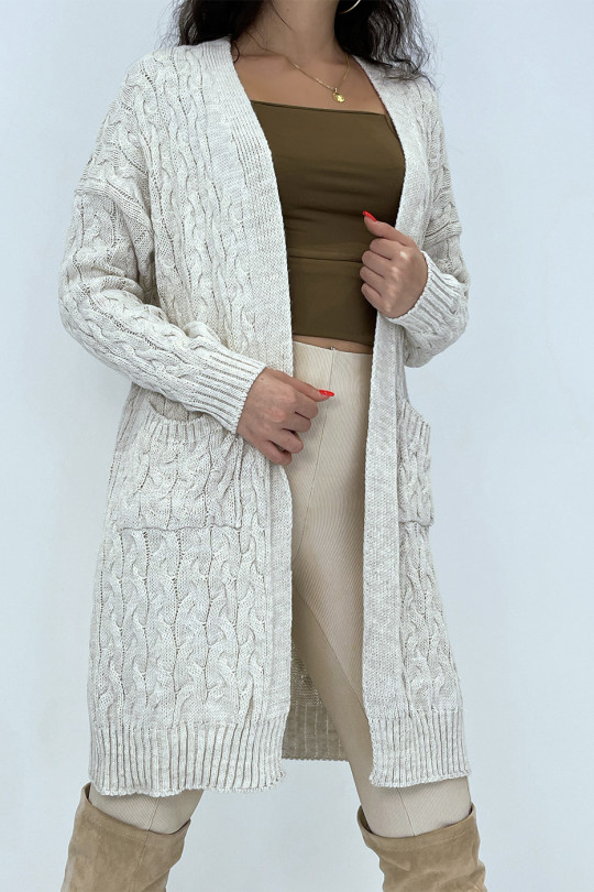 Long 3/4 length cardigan in braided beige acrylic with pockets - 3