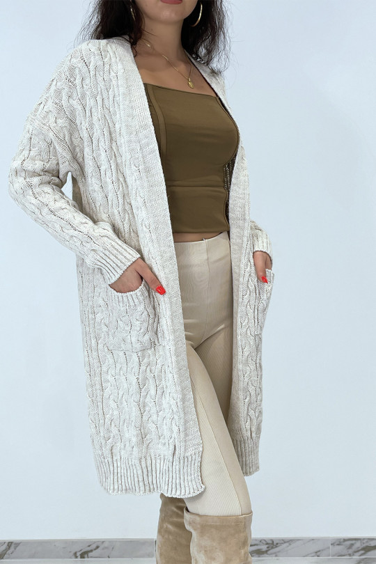 Long 3/4 length cardigan in braided beige acrylic with pockets - 4