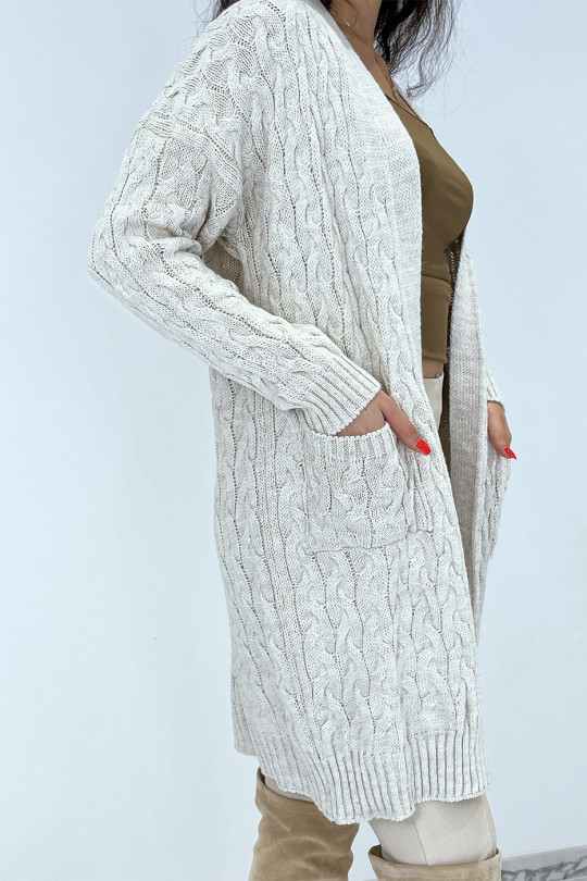 Long 3/4 length cardigan in braided beige acrylic with pockets - 5