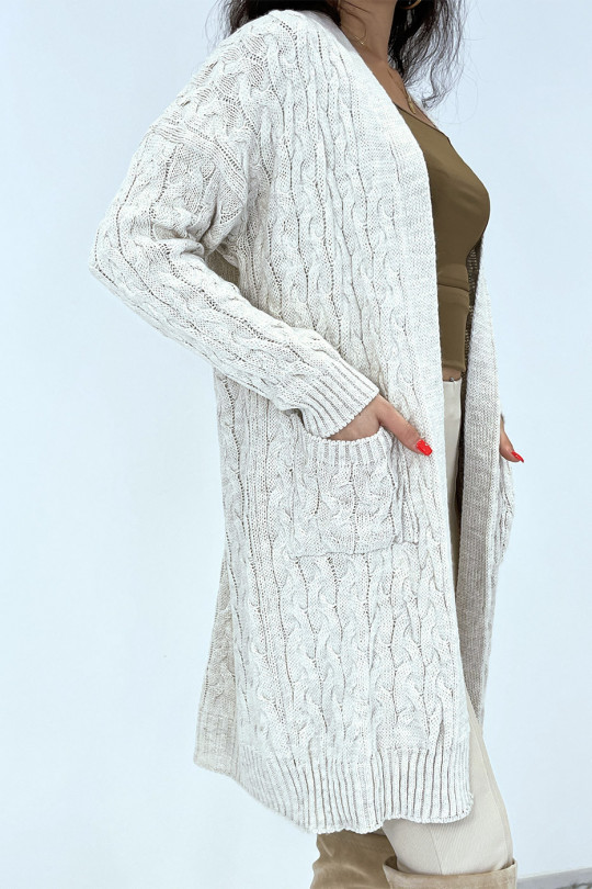 Long 3/4 length cardigan in braided beige acrylic with pockets - 6