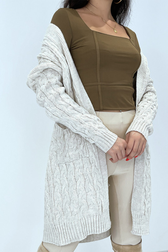 Long 3/4 length cardigan in braided beige acrylic with pockets - 7